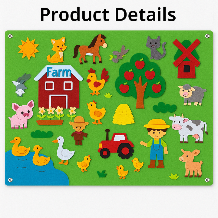 Farm-themed felt board with a red barn, tractor, farm animals, and pond