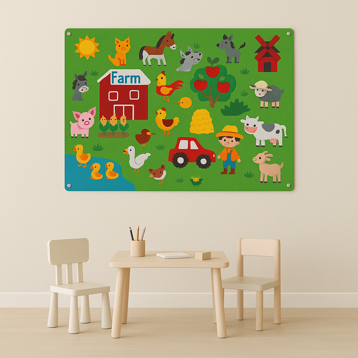 Farm felt board with a barn, animals, and tractor above a child-size table