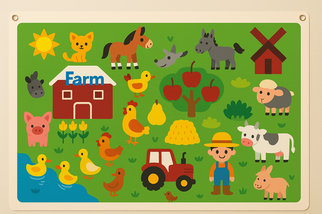 Farm felt board with a barn, tractor, farmer, pond, and colorful animal pieces