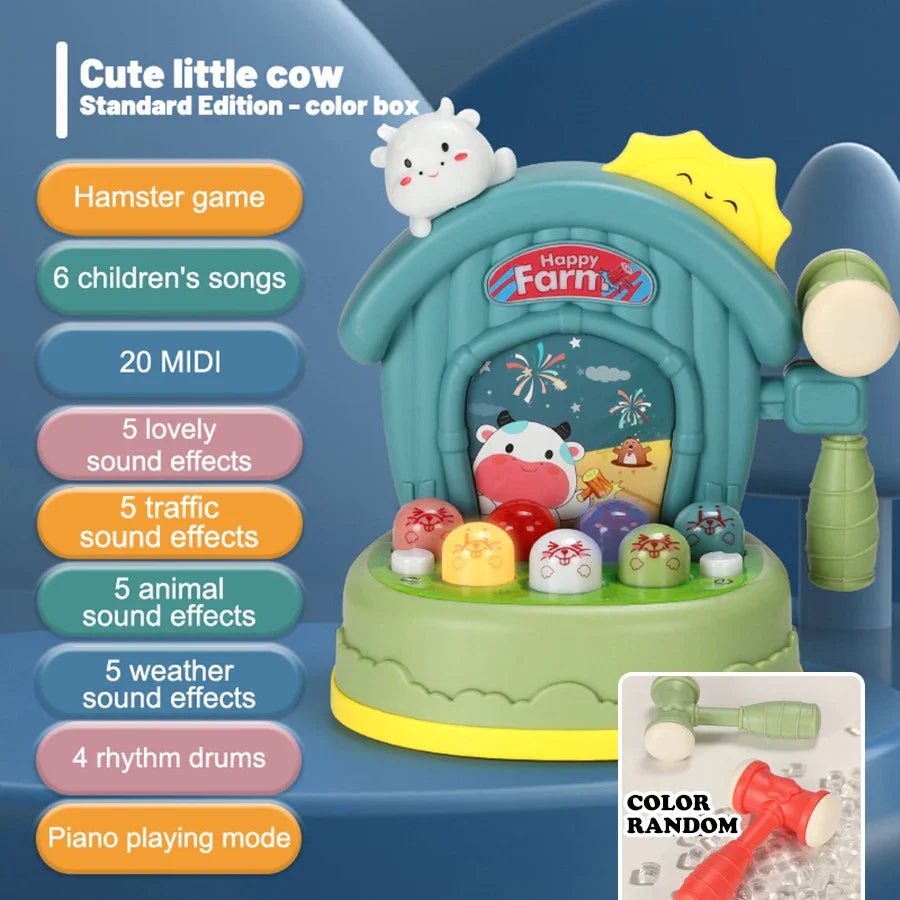 Farm musical toy beside a guide showing song, piano, drum rhythm, and sound-effect modes