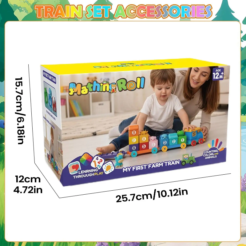 Farm Animals train set box with package measurements of 25.7 x 12 x 15.7 cm