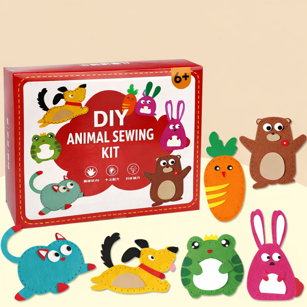Felt sewing kit box surrounded by six colorful animal and carrot figures