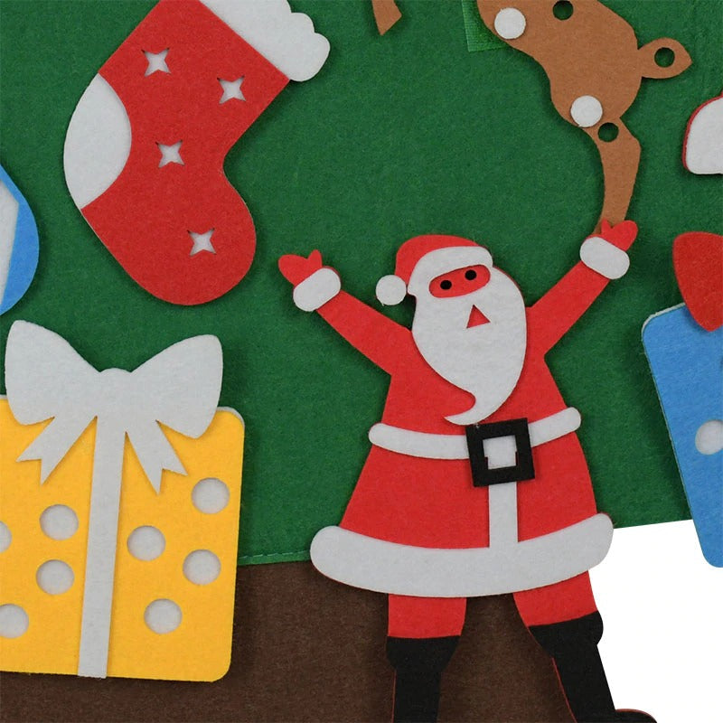 Felt Santa, stocking and reindeer decorations on the Christmas tree