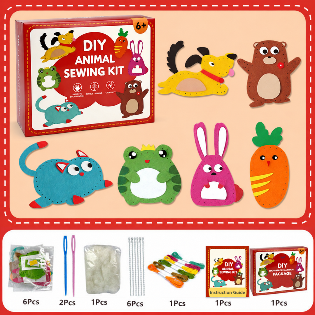 Kit overview showing six felt designs, plastic needles, stuffing, metal chains, thread and instructions