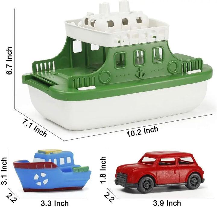 Size diagram showing dimensions of the toy ferry, a small boat, and a car