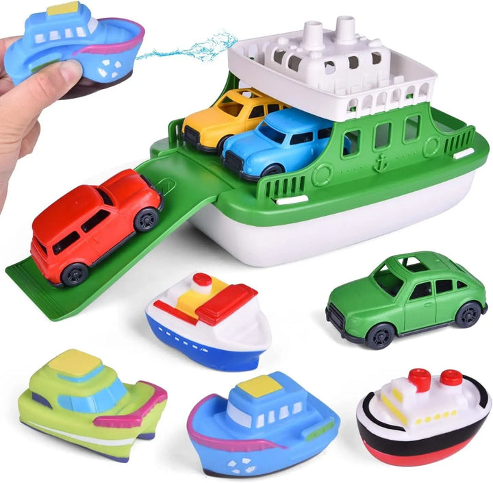 Toy ferry with a car on its extended ramp and colorful boats arranged around it