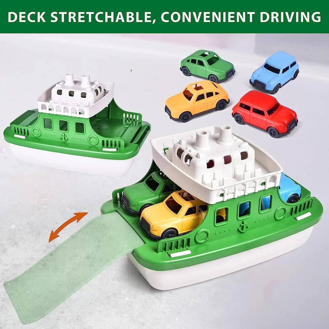 Toy ferry with a slide-out ramp and four colorful cars