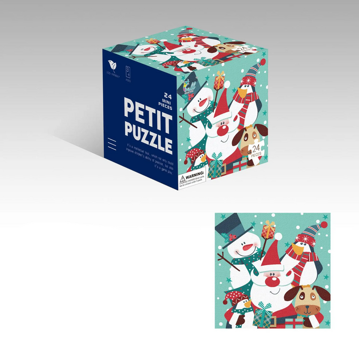 Christmas character jigsaw puzzle and cube box featuring Santa, a snowman, and a reindeer