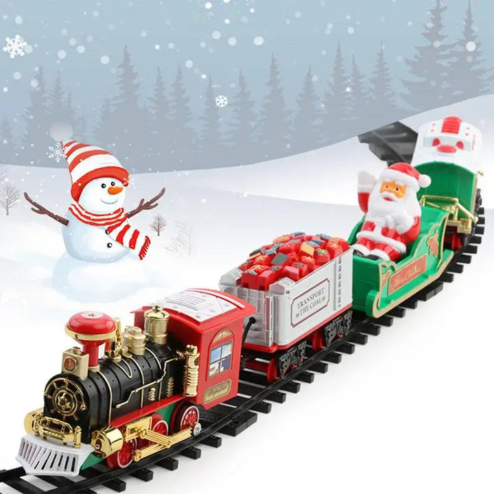 Holiday toy train with a red locomotive, gift wagon, Santa sleigh, and green passenger car