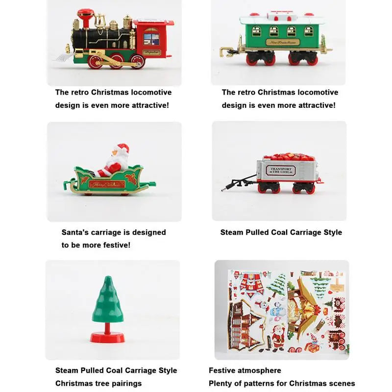 Details of the locomotive, passenger car, Santa sleigh, gift wagon, small tree, and printed holiday designs