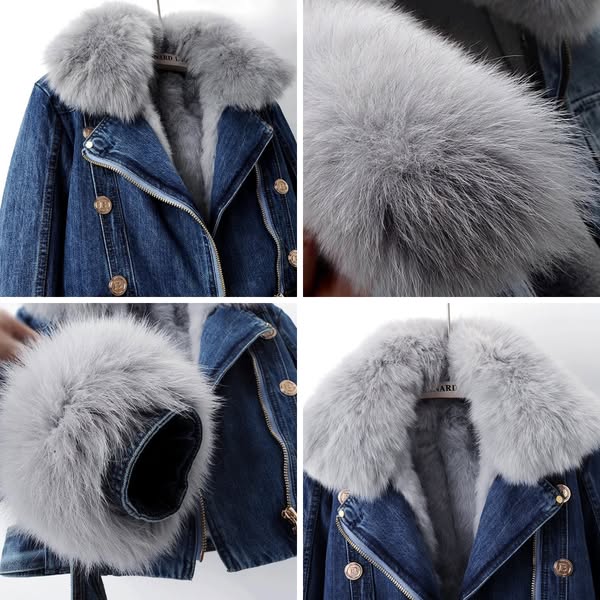 Selvedge Denim Jacket with Plush Fox Fur Cuffs and Lining