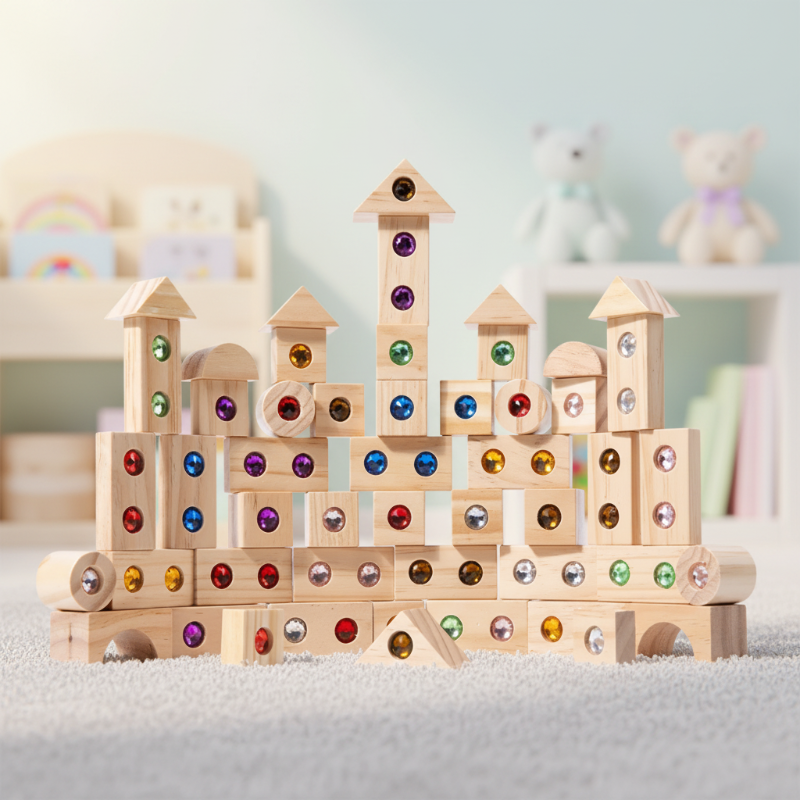 50-piece wooden gem block set displayed as a castle on a playroom rug