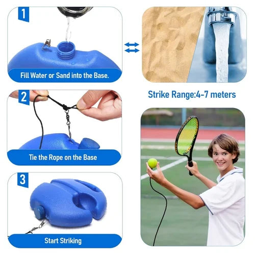 Tennis trainer setup showing base filling, cord attachment, and outdoor practice