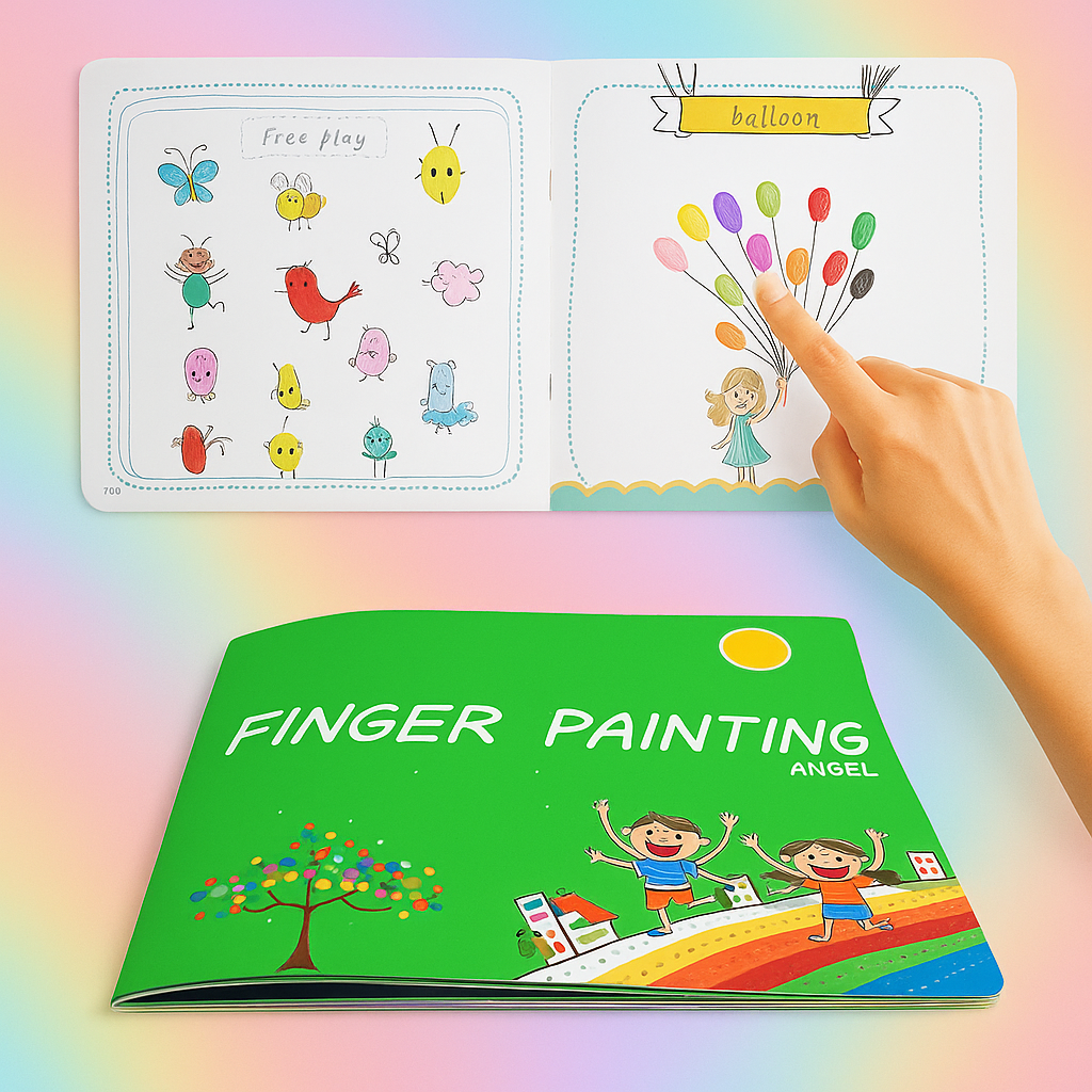 Open finger painting book with balloon designs above its illustrated green cover
