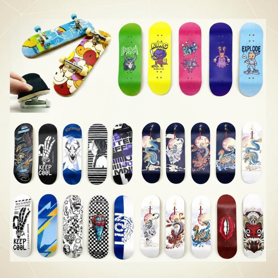 Finger skateboard graphic assortment with assembled boards and a grip-pad demonstration.