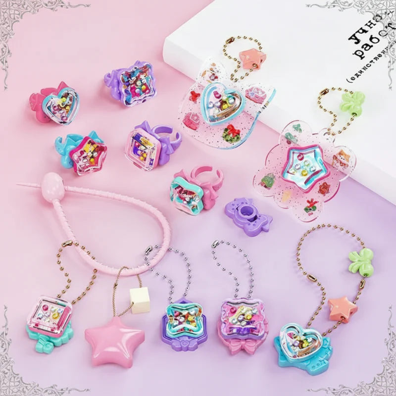 Finished bead-filled charms on bracelets, necklaces, rings, and keychains.