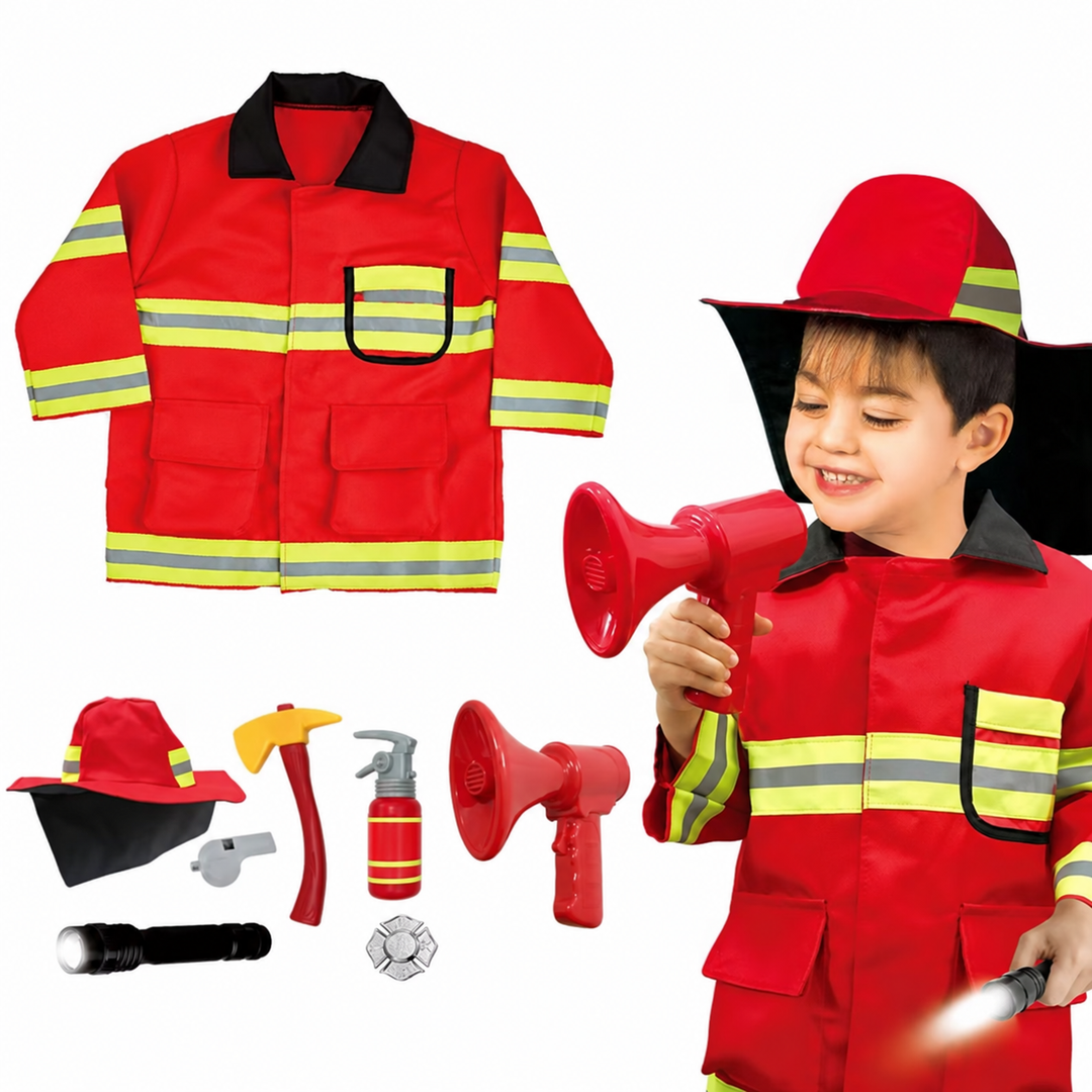 Red firefighter jacket, hat, and play accessories alongside a child wearing the costume.