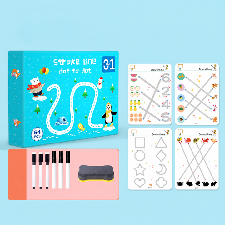 Blue beginner tracing workbook with sample activity pages, six black markers, and an eraser.