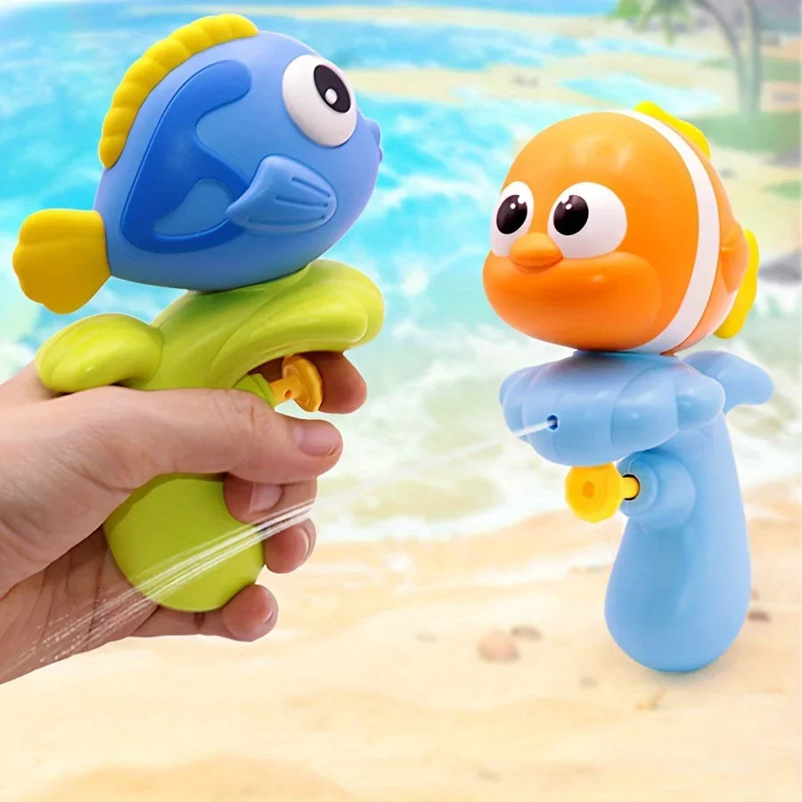 Blue and orange fish-shaped water squirters with green and light blue handles