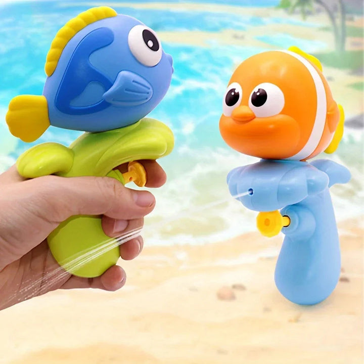 Blue and orange fish-shaped water squirters with green and light blue handles