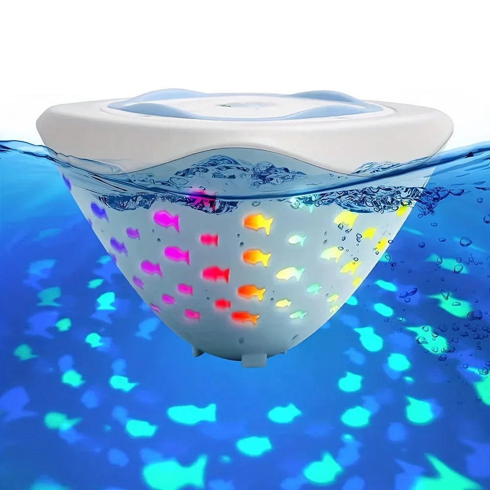 White and light blue bath light projecting colorful fish shapes beneath the water