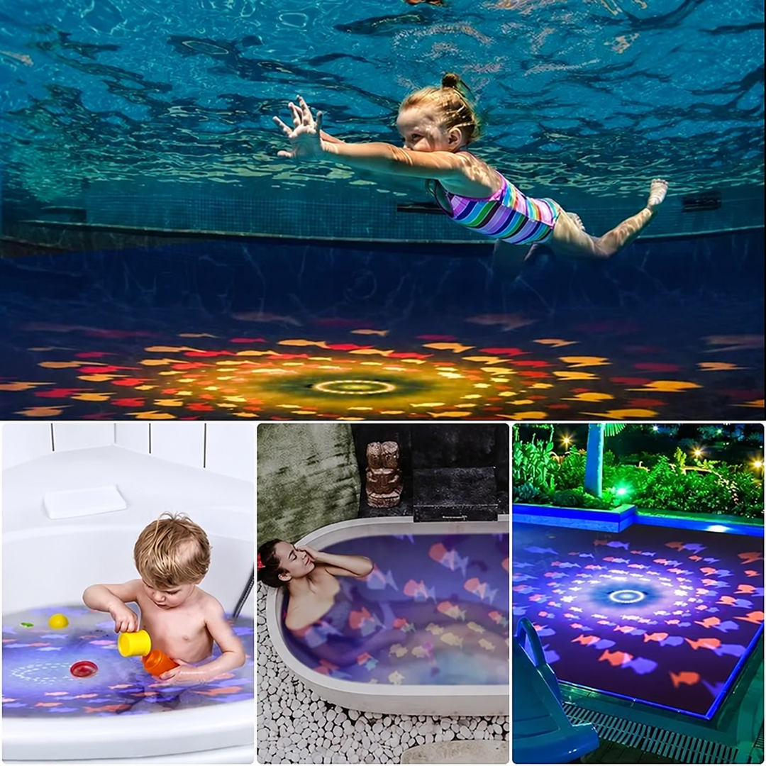 Fish-pattern projections shown beneath a swimmer and in bath and pool settings