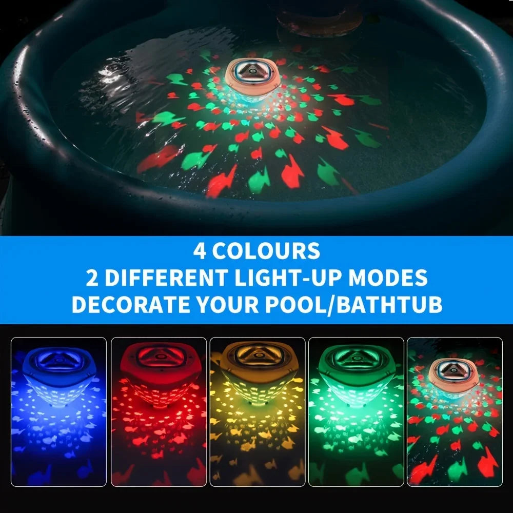 Fish-pattern light in a small pool with four color options and two lighting modes shown