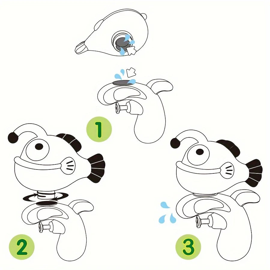 Illustrated steps for refilling the squirter, reattaching the fish top and pressing the trigger