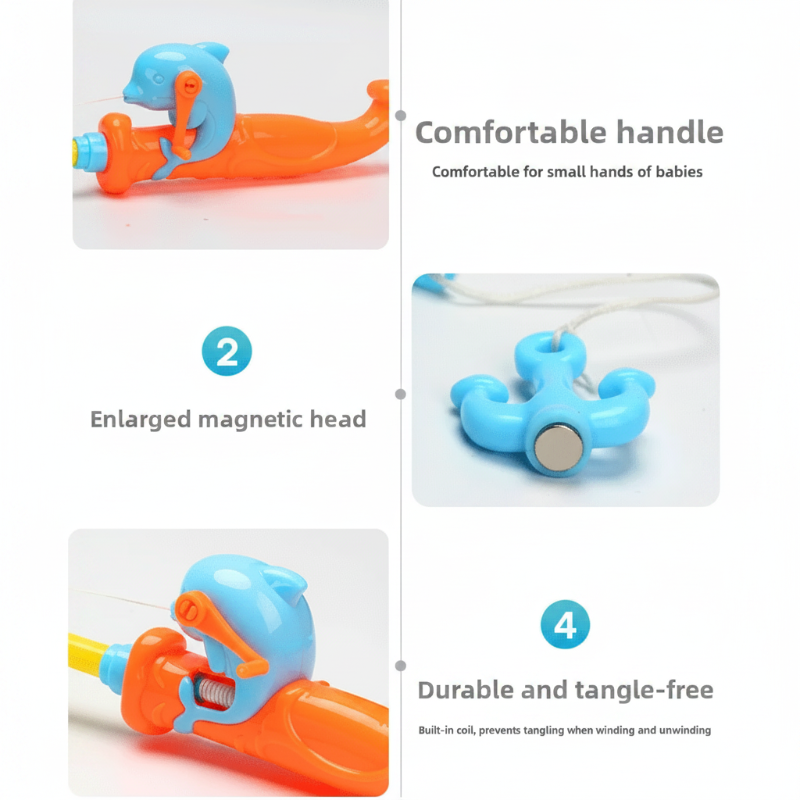 Close-up views of the fishing rod handle, magnetic tip and reel.