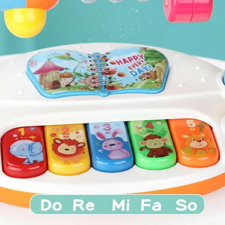 Close-up of five colorful animal piano keys with Do Re Mi Fa So labels