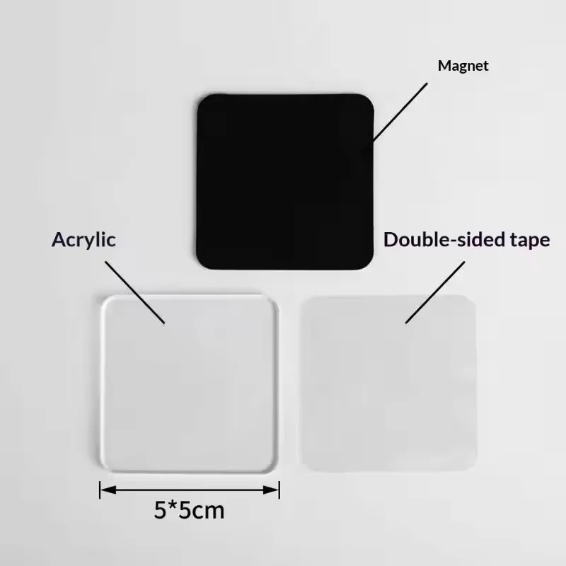 5 x 5 cm acrylic square shown beside a black magnet and double-sided adhesive.