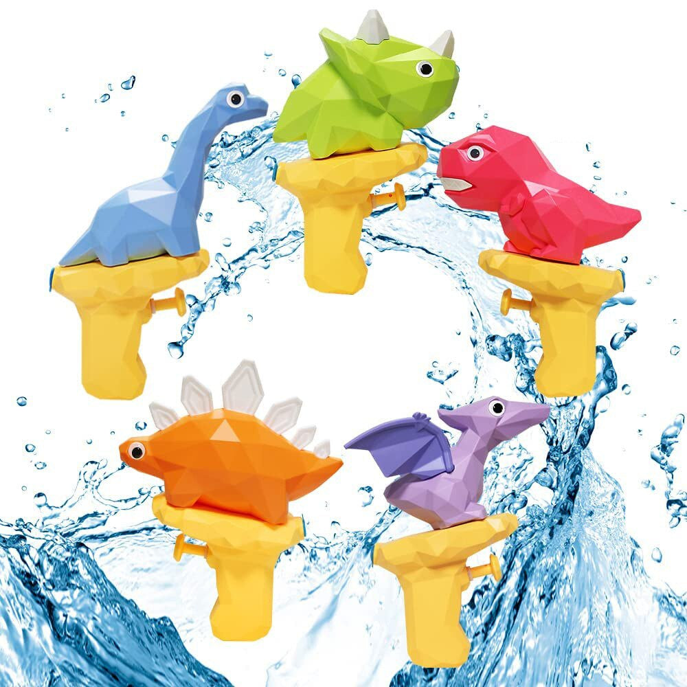Five dinosaur water guns with yellow handles in blue, green, red, orange, and purple.