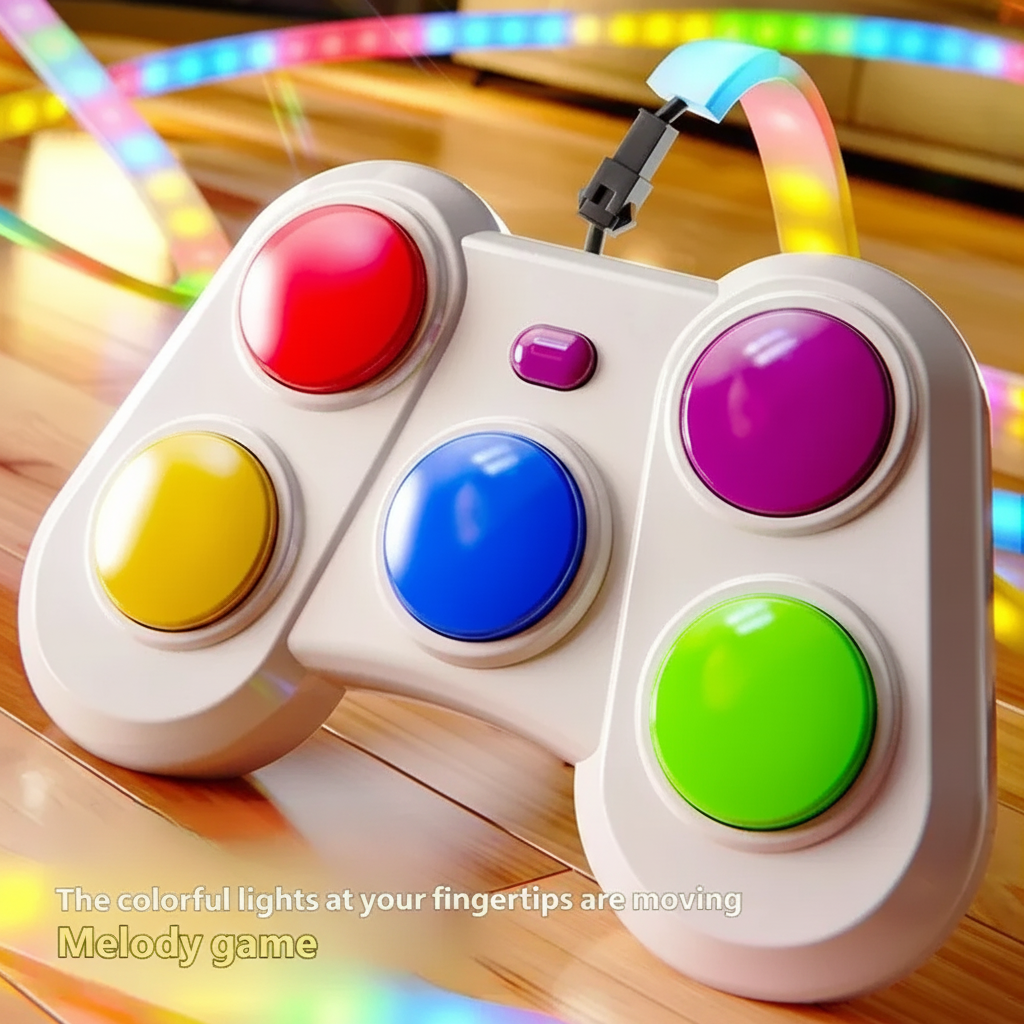 Close-up of the five colored play buttons with the illuminated strip curving behind the controller