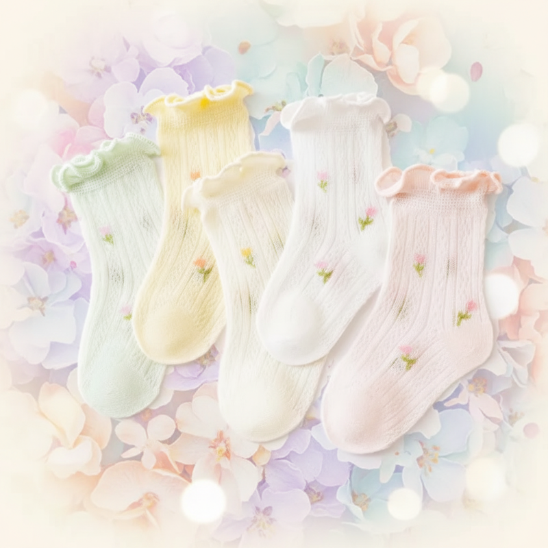 Five pastel floral baby socks in green, yellow, beige, white, and pink.
