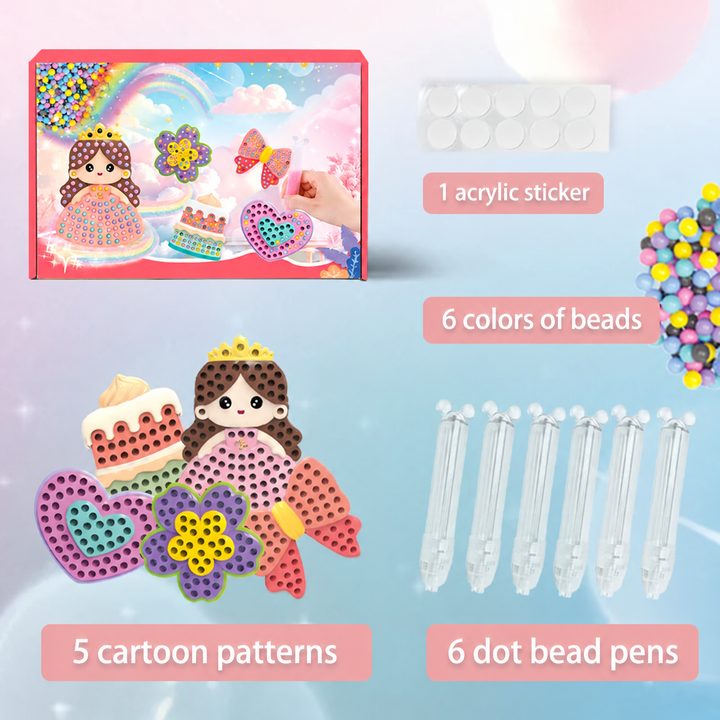 Cartoon patterns, bead pens, multicolored beads and an adhesive sticker sheet arranged beside the box