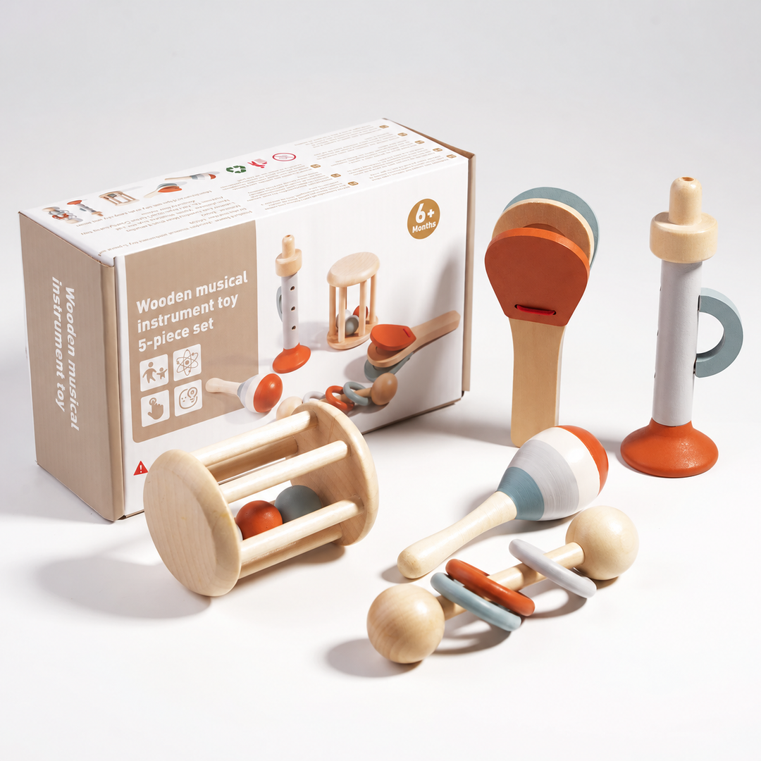Boxed five-piece wooden instrument set with a cage rattle, maraca, ring rattle, clapper and recorder-style toy