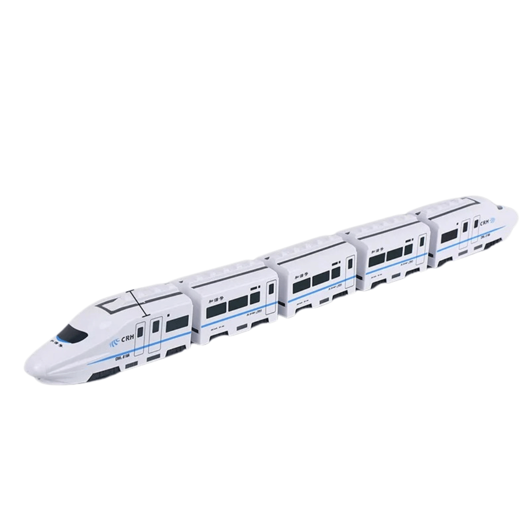 Five-section white toy train with blue trim and black windows