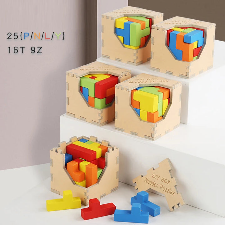 Five wooden cube puzzle designs displayed with colorful shaped blocks