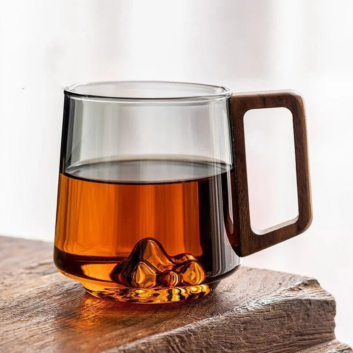 FlarePeak Glass Mug with Mountain Base and Wooden Handle – 400-500ML Durable Drinkware 1