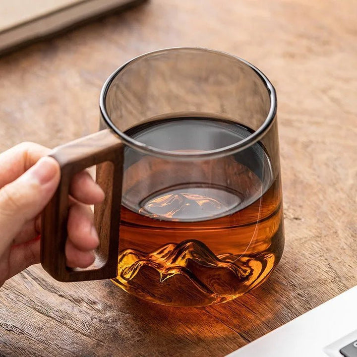 FlarePeak Glass Mug with Mountain Base and Wooden Handle – 400-500ML Durable Drinkware 2