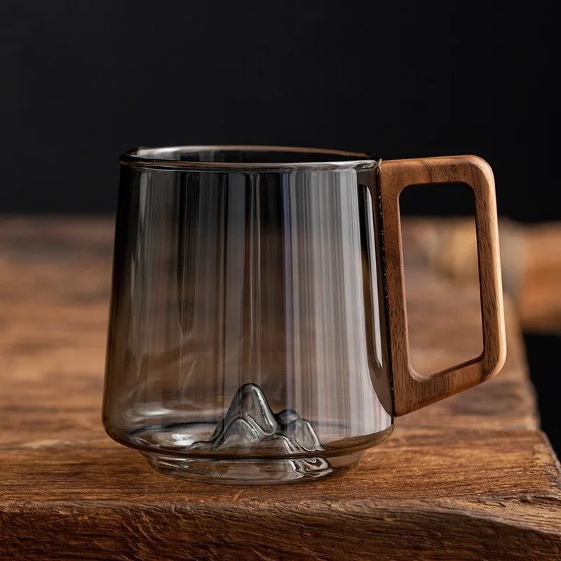 FlarePeak Glass Mug with Mountain Base and Wooden Handle – 400-500ML Durable Drinkware 4