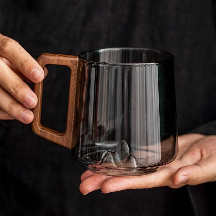 FlarePeak Glass Mug with Mountain Base and Wooden Handle – 400-500ML Durable Drinkware 3