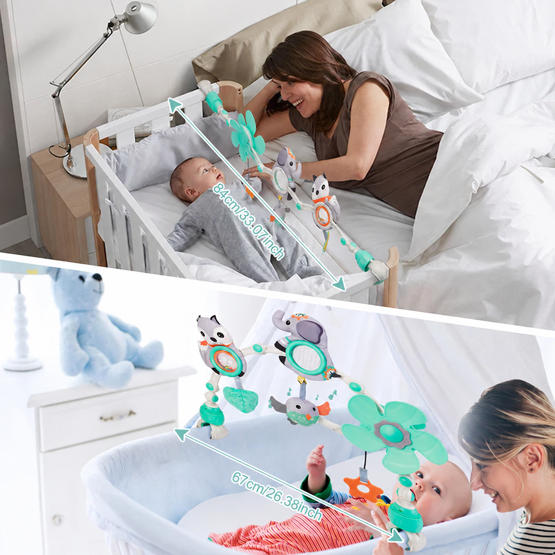 Two views of a parent positioning the flexible toy arch over a baby in a crib