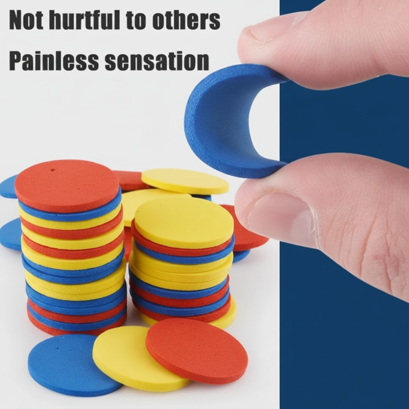 A blue foam disc bent between fingers beside stacks of red, yellow, and blue discs