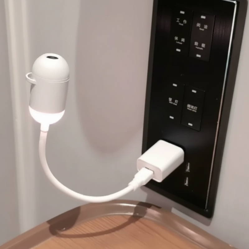 Flexible-neck galaxy lamp connected to a USB adapter at a wall outlet