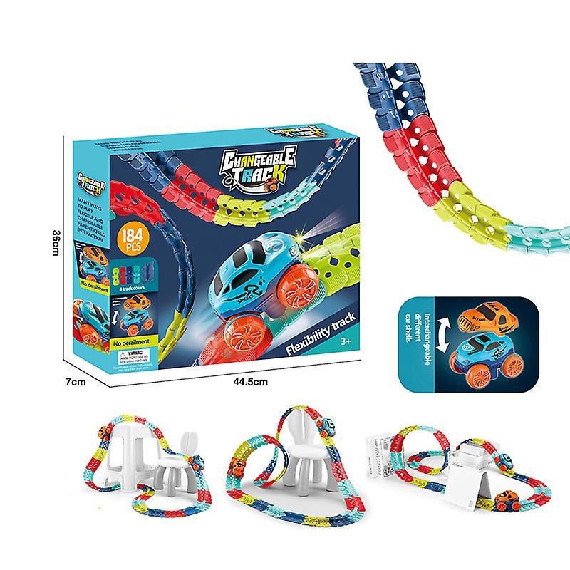 184-piece track set packaging beside a colorful track section and three layout examples