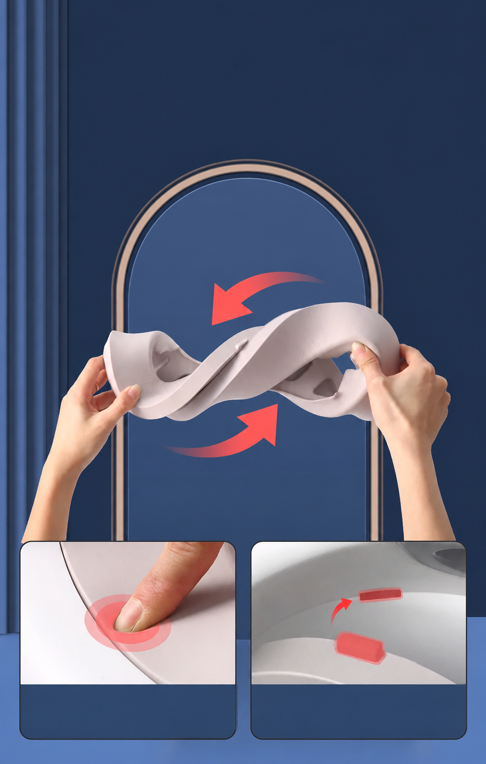 Flexible gray seat insert being bent by hand, with close-ups of the surface and edge