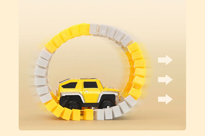 Flexible yellow and gray track shaped into an upright ring around a yellow toy car