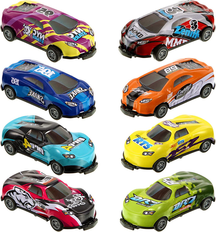 Eight stunt cars in different colors with racing-style graphics