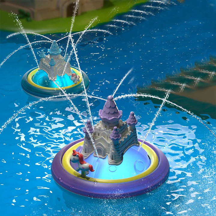 Blue and purple castle water toys spraying arcing streams across a pool